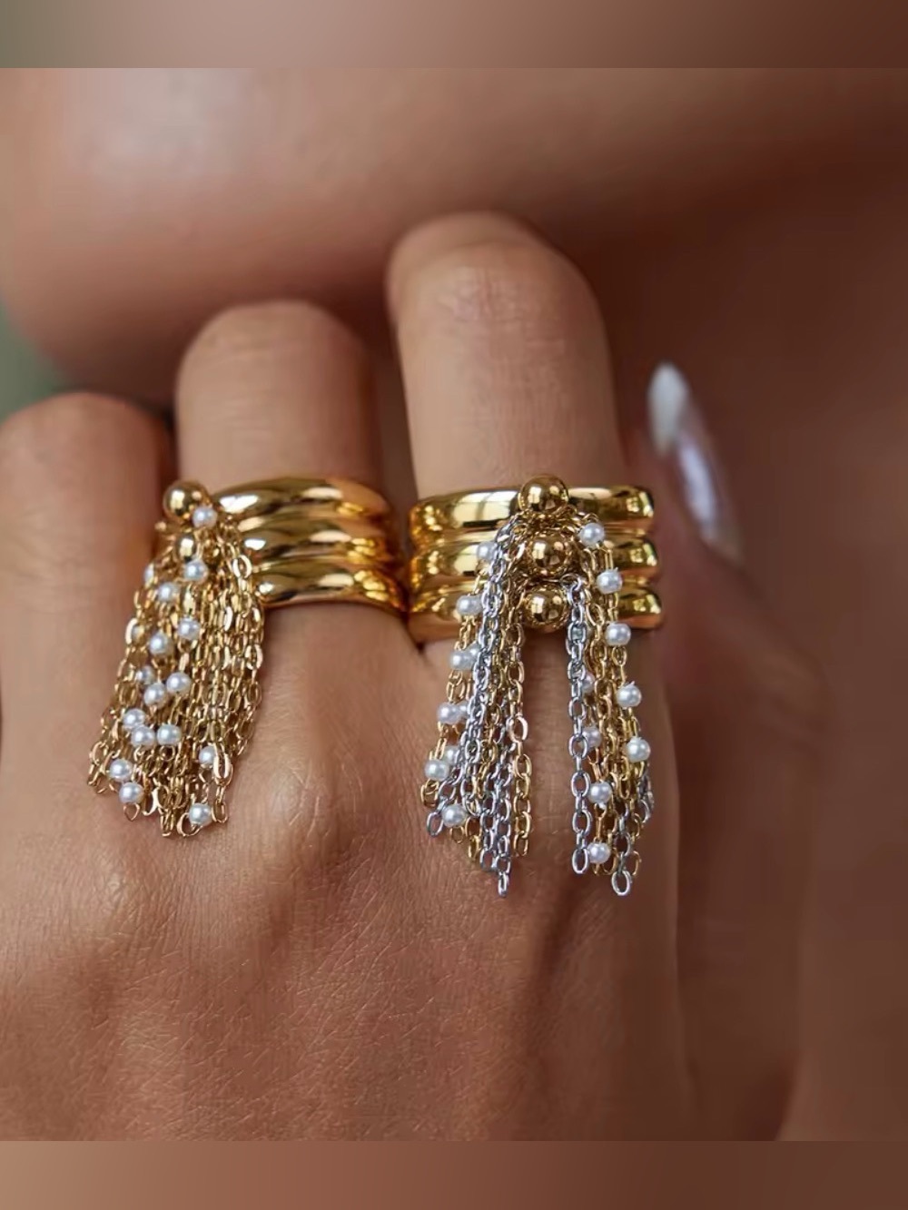 Gold Pearl Tassel Stackable Ring - Brand New! Adjustable - Picture 8 of 9